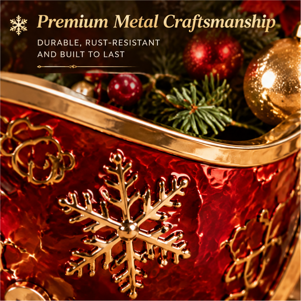 Premium Metal Craftsmanship — LUMIDED® sleigh planter close-up of raised gold snowflake and floral embossed detail on deep red lacquered body with gold rim, durable rust-resistant built to last