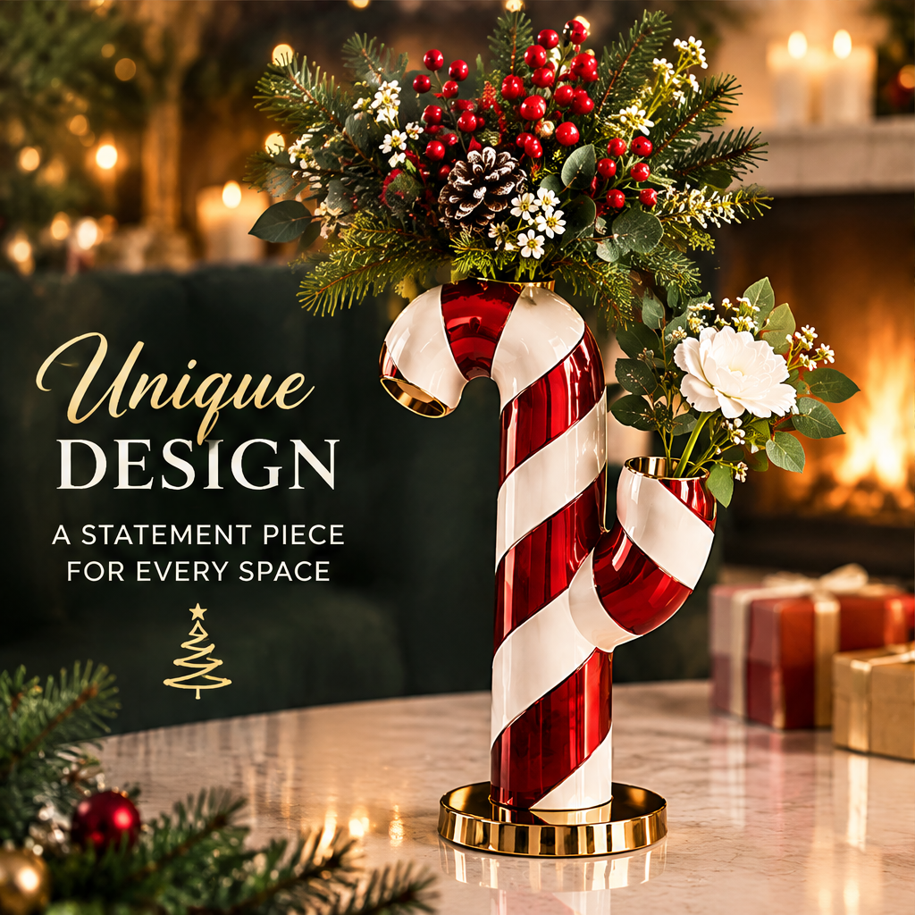 Christmas Magic — LUMIDED® candy cane dual vase styled with candle and pine branches, a festive touch for your home