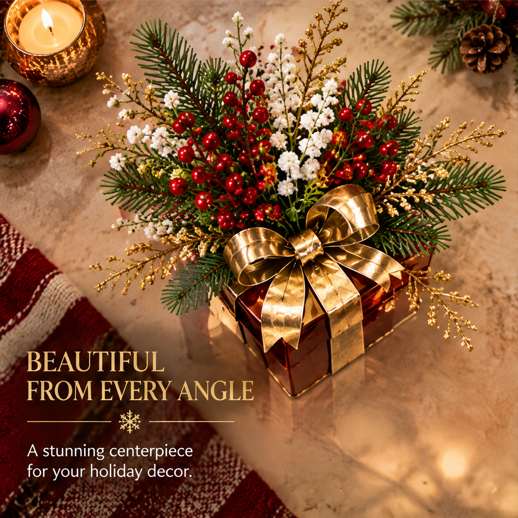 Perfect for Any Space — LUMIDED® set of three Christmas gift box planters styled by fireplace, ideal for tables, mantels, shelves and more