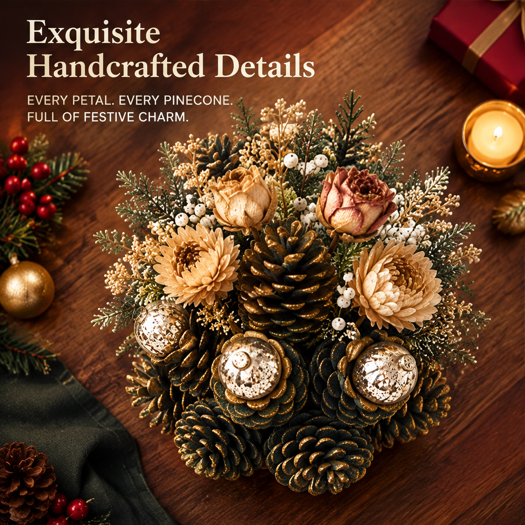 Exquisite Handcrafted Details — LUMIDED® pine cone ball overhead view showing every petal and every pine cone full of festive charm, with gold chrysanthemums, white berries and mercury ornament balls