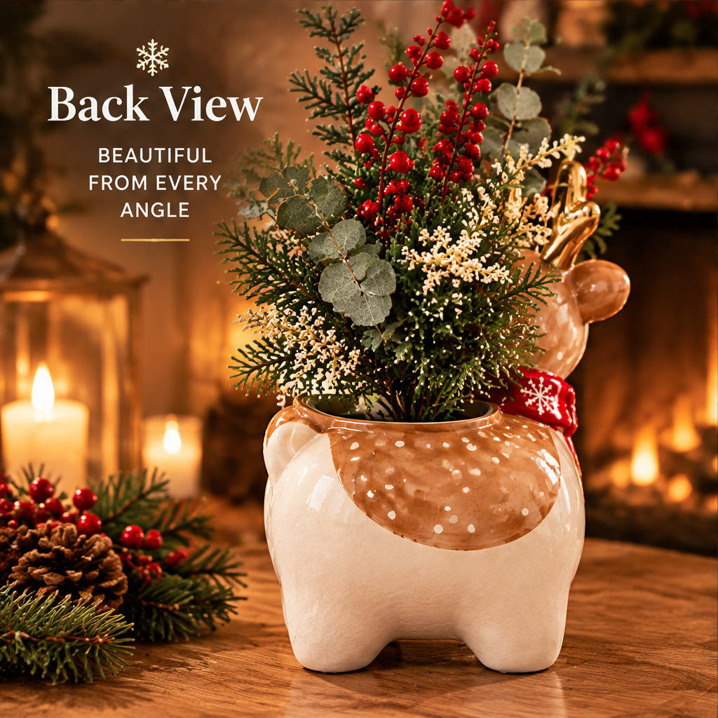 Back View — LUMIDED® baby reindeer ceramic vase back view showing caramel spotted glaze back, white round body and four small white legs, filled with eucalyptus, red berries and cedar, beautiful from every angle with fireplace and candle background