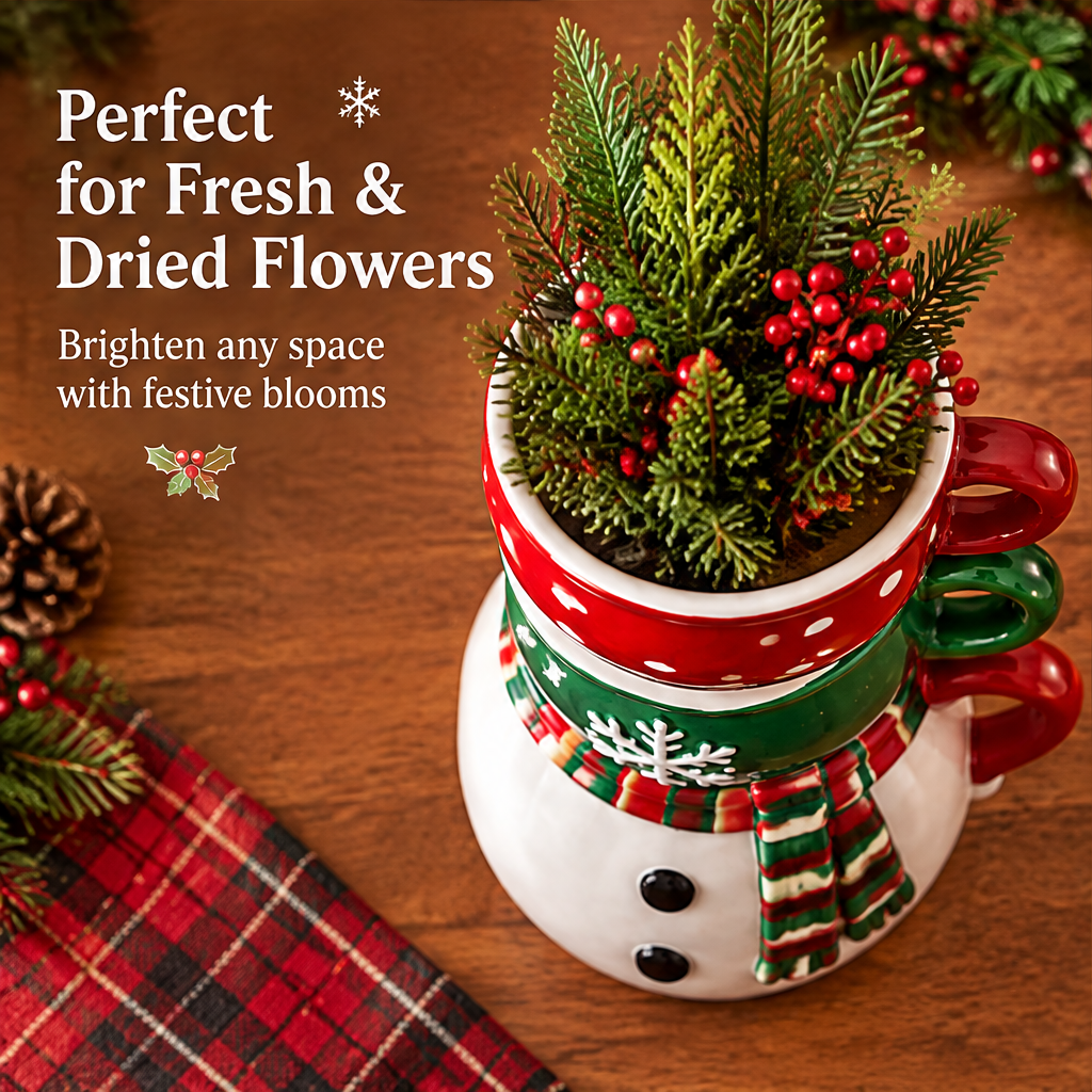 Perfect for Fresh and Dried Flowers — LUMIDED® snowman stacked mugs ceramic vase overhead view showing red polka dot top mug filled with cedar and red berry arrangement, green snowflake middle mug and tartan scarf snowman base visible, brighten any space with festive blooms