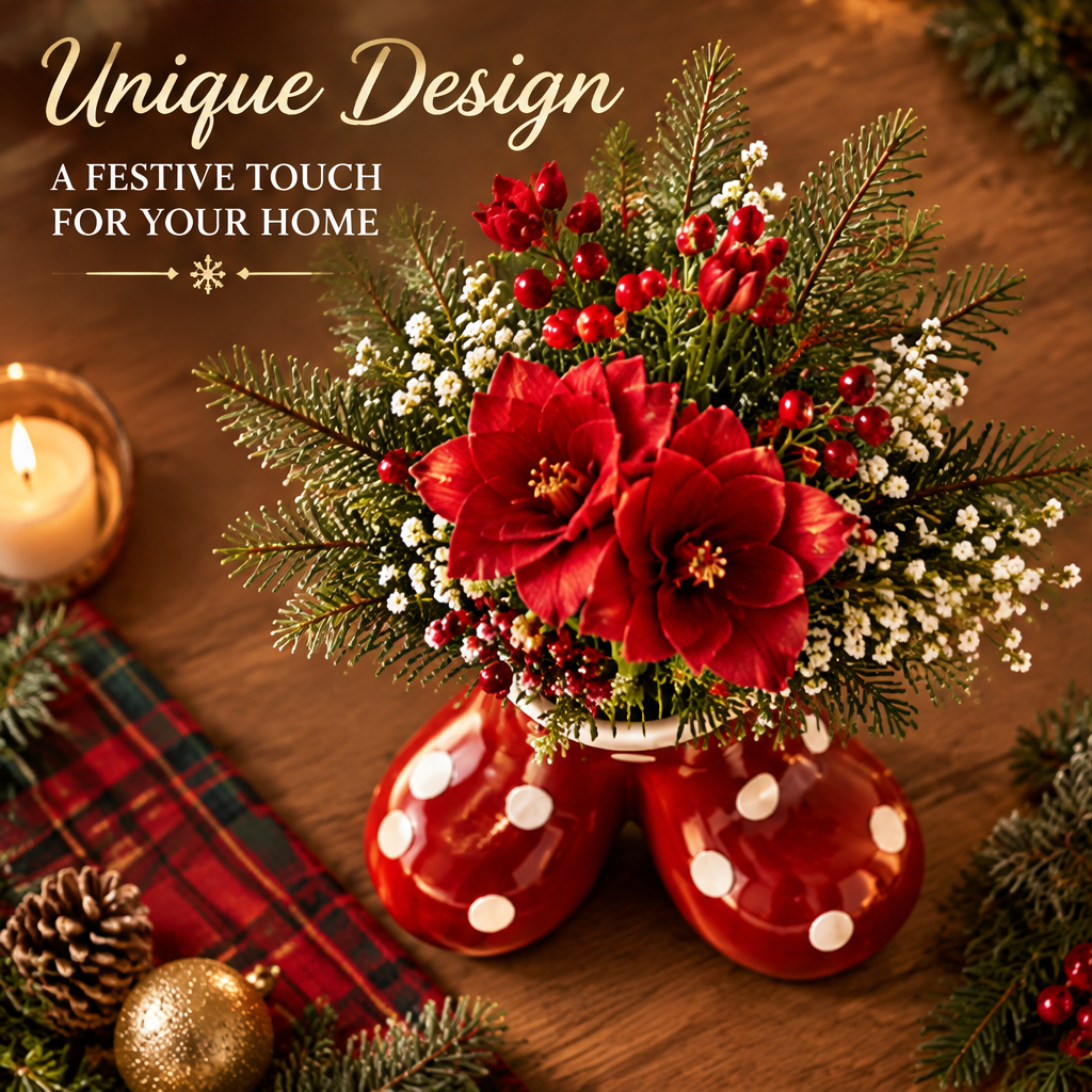 Unique Design — LUMIDED® double santa boots ceramic vase overhead view filled with red amaryllis, baby's breath, red berries and pine, showing white polka dot pattern on red glaze body, a festive touch for your home