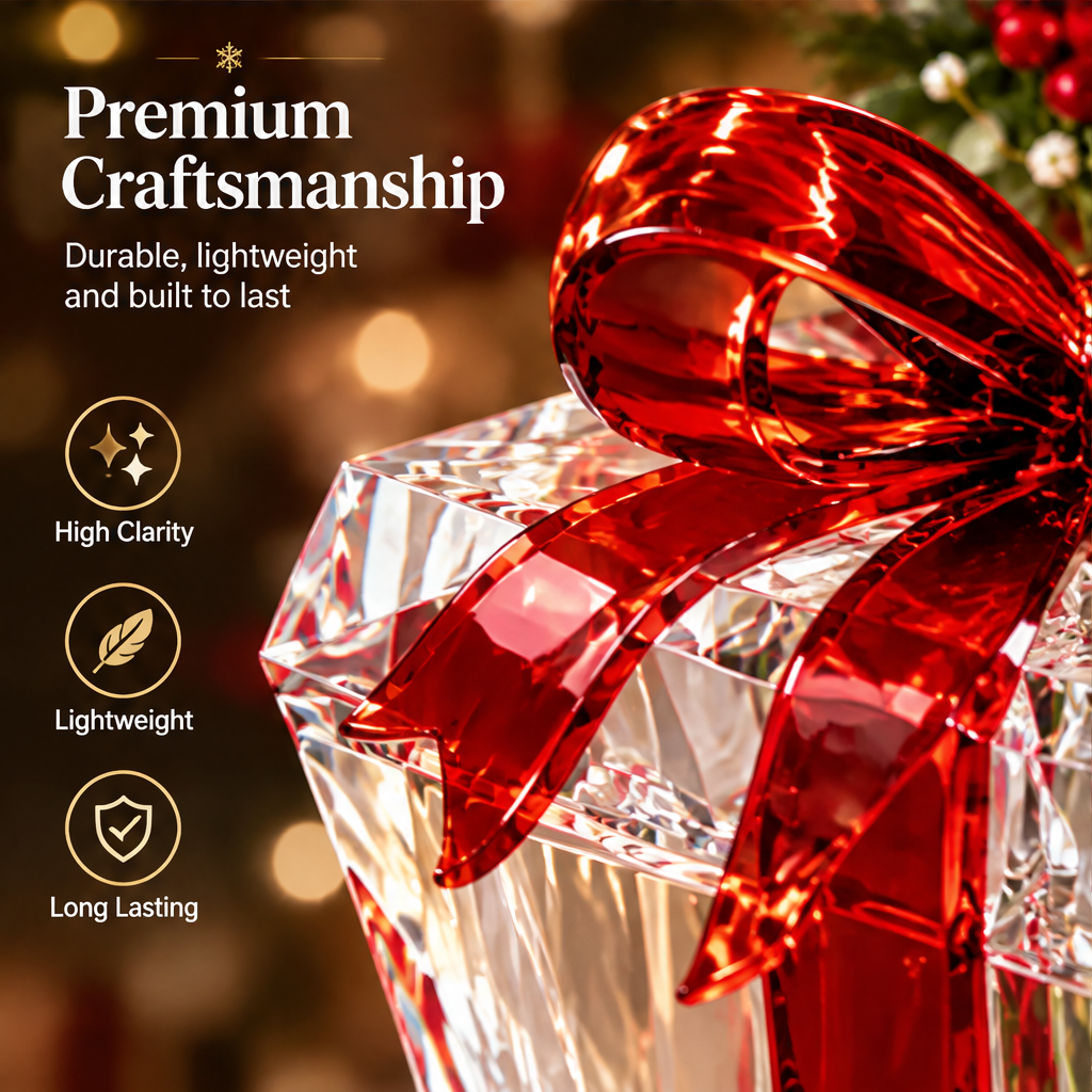 Premium Craftsmanship — LUMIDED® crystal vase close-up of high clarity faceted resin body and metallic red ribbon detail, lightweight, durable and long lasting