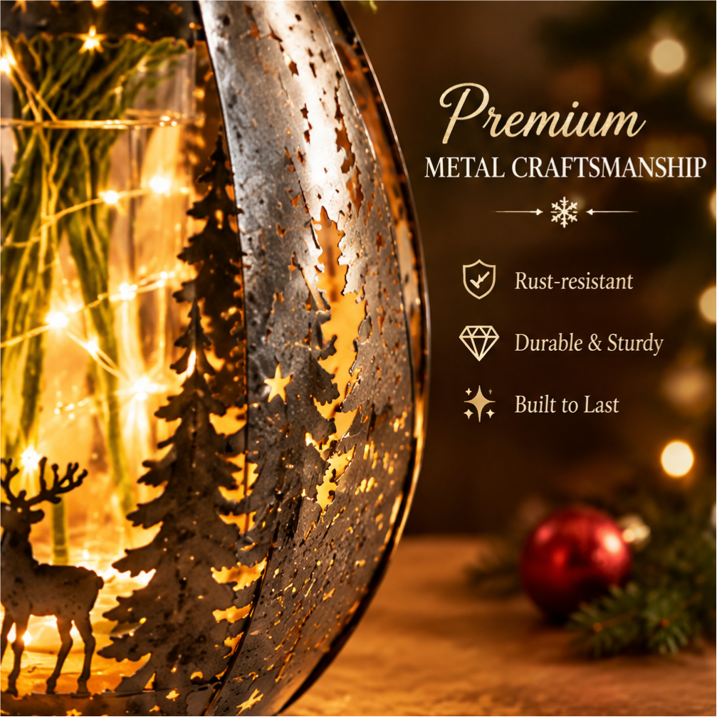 Premium Metal Craftsmanship — LUMIDED® lantern vase close-up of intricate forest tree and star cutout pattern, rust-resistant, durable and sturdy, built to last