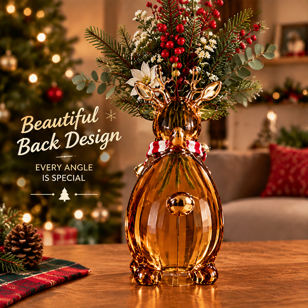 Beautiful Back Design — LUMIDED® reindeer vase back view showing amber ribbed vase body with gold tail accent and full floral arrangement, every angle is special