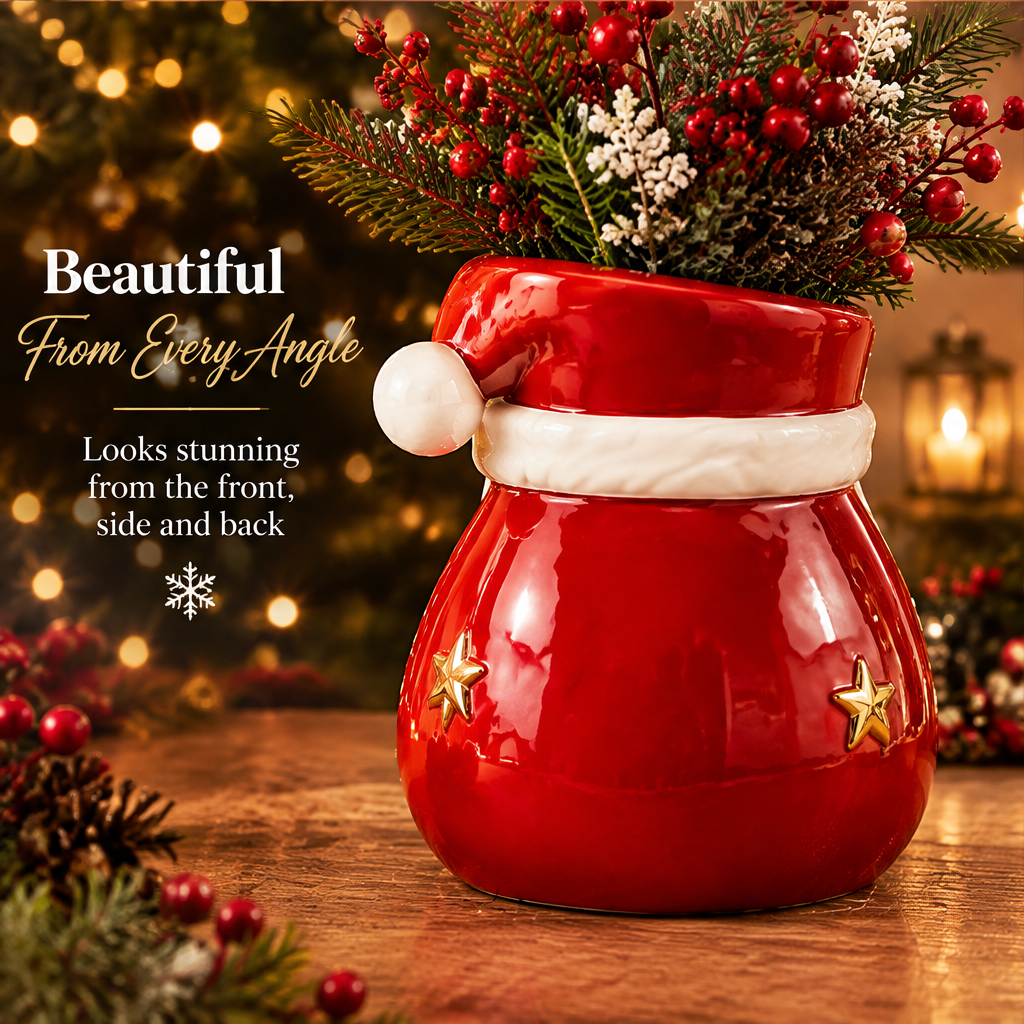 Beautiful From Every Angle — LUMIDED® Santa face ceramic vase side view showing red hat brim with white trim and pompom, gold star embellishments on red glazed body, looks stunning from the front, side and back