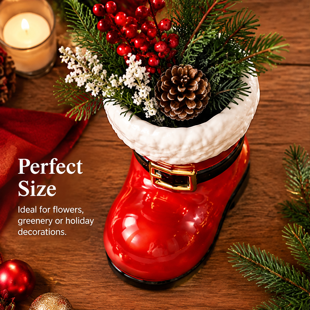 Perfect Size — LUMIDED® Santa boot ceramic vase overhead view showing spacious white fur cuff opening filled with red berries, pine cone, white flowers and cedar sprigs, ideal for flowers, greenery or holiday decorations