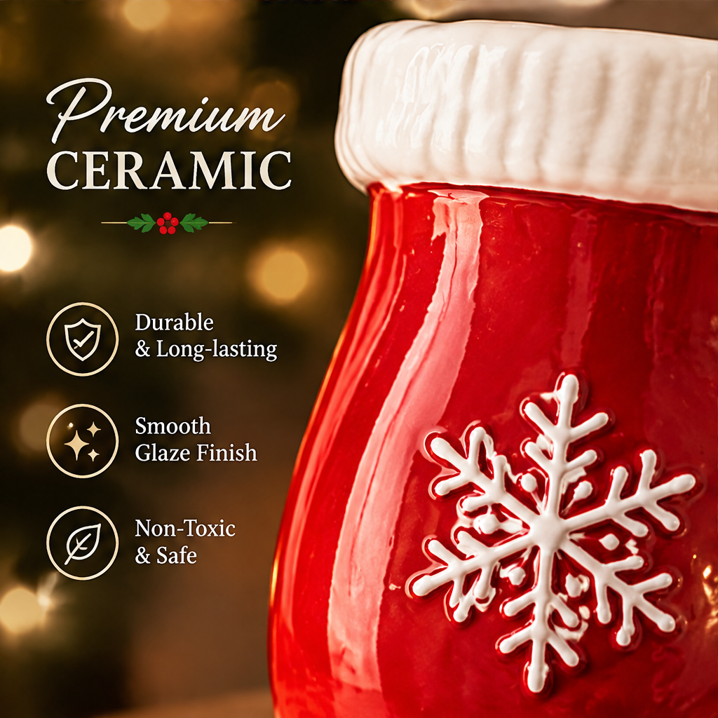 Premium Ceramic — LUMIDED® Christmas mitten ceramic vase close-up showing smooth high-gloss red glaze finish and raised white snowflake emblem detail, durable and long-lasting, smooth glaze finish, non-toxic and safe