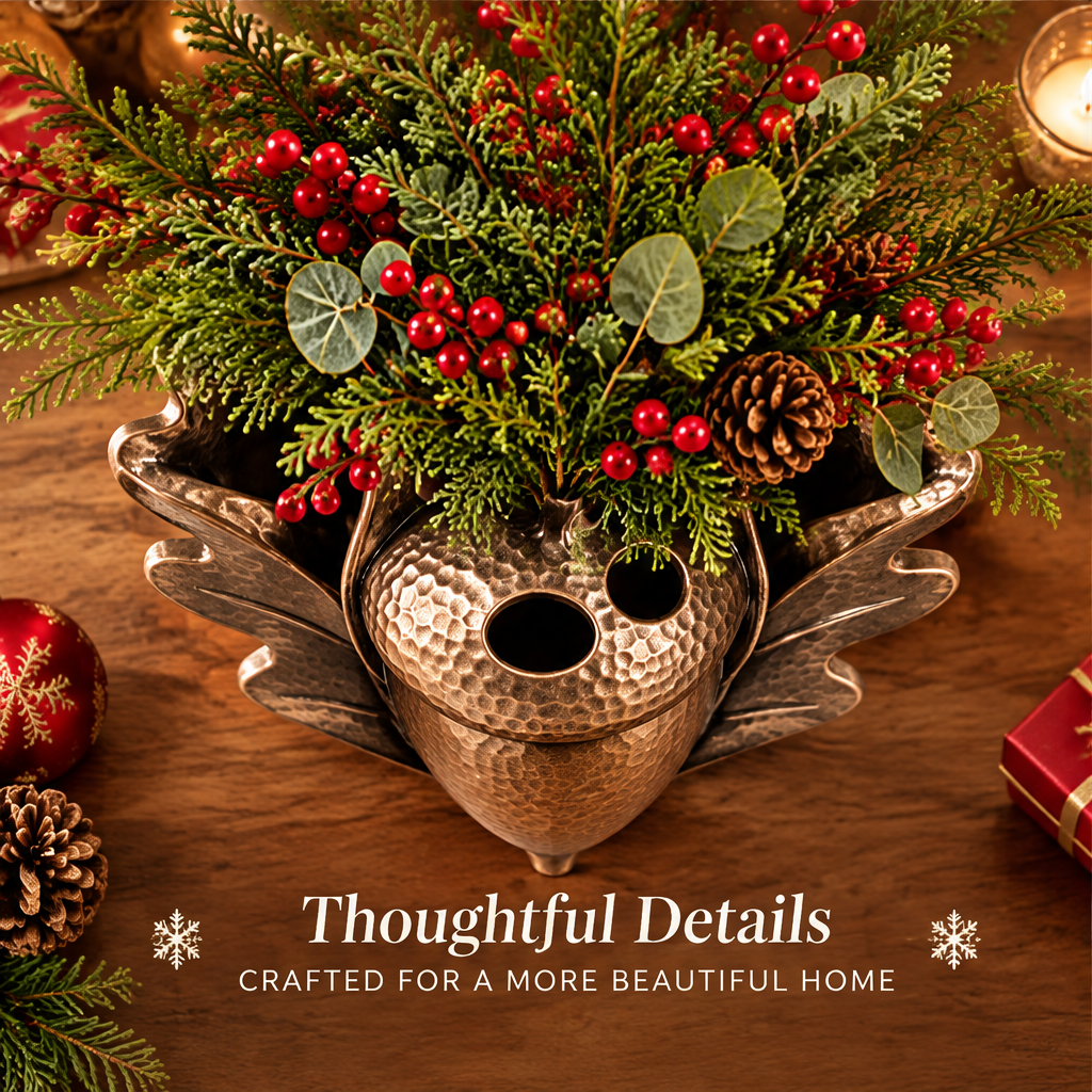 Thoughtful Details — LUMIDED® acorn oak leaf vase overhead view showing dual opening tops, hammered bronze texture and full botanical arrangement of red berries, pine cones and cedar, crafted for a more beautiful home