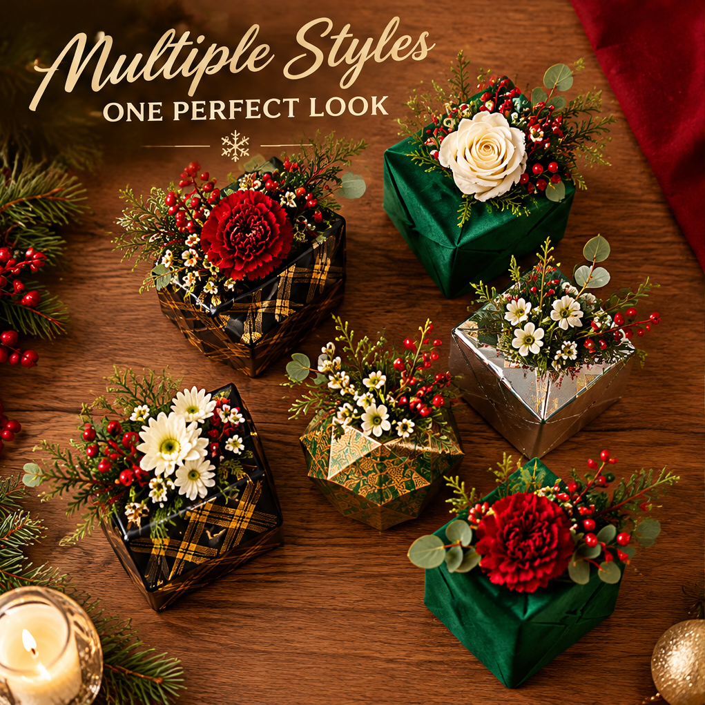 Multiple Styles One Perfect Look — LUMIDED® Christmas gift box vases flat lay showing all five styles: black tartan, green velvet, silver foil, gold geometric and green velvet small, each topped with different festive flower arrangements