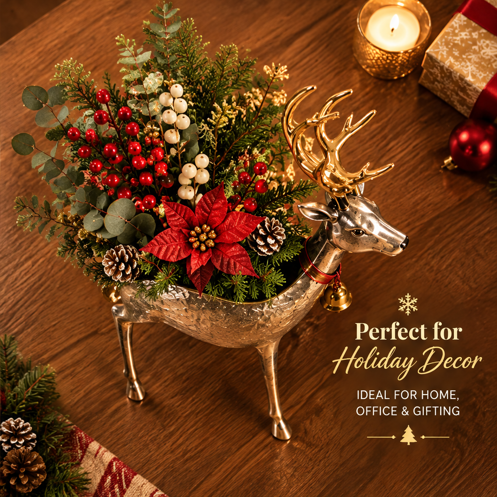 Perfect for Holiday Decor — LUMIDED® reindeer centerpiece top view with full floral arrangement, ideal for home, office and gifting