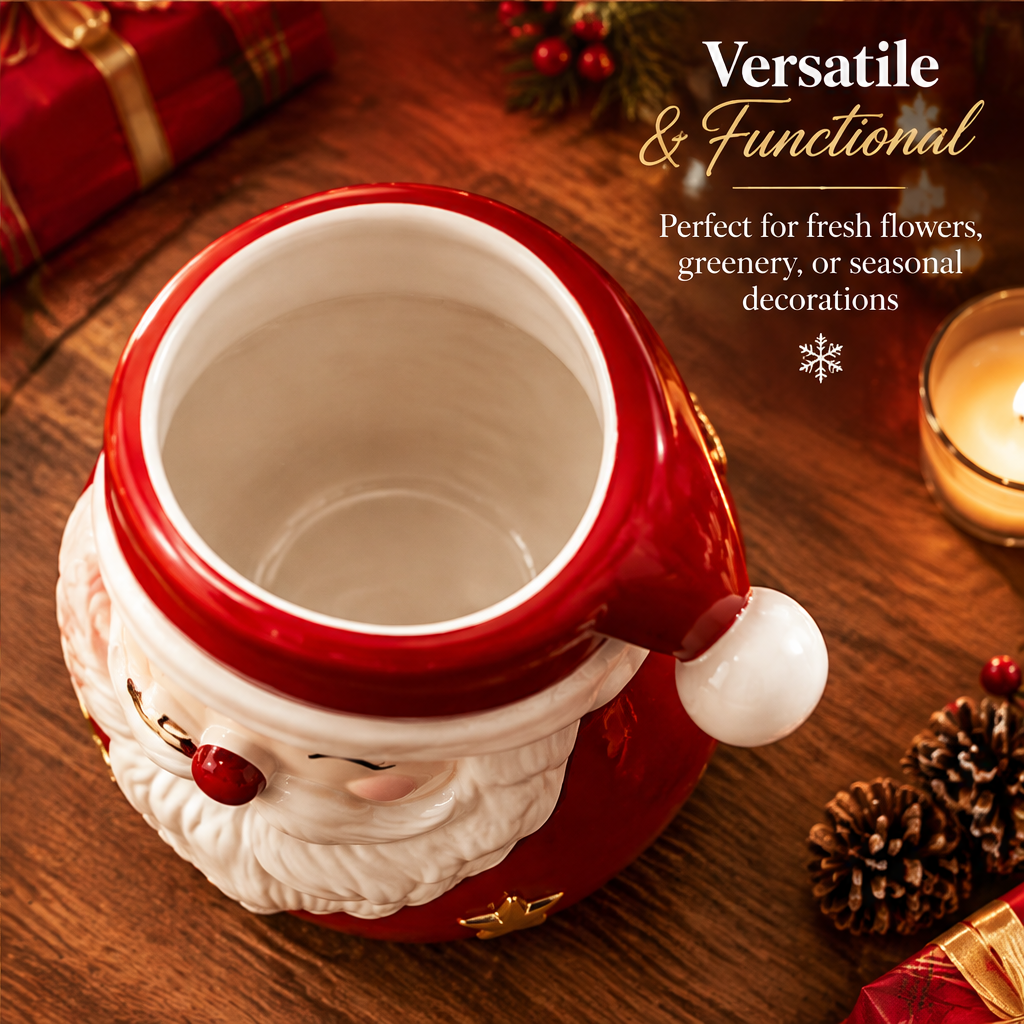 Versatile and Functional — LUMIDED® Santa face ceramic vase overhead view showing spacious round opening with white glazed interior, perfect for fresh flowers, greenery or seasonal decorations