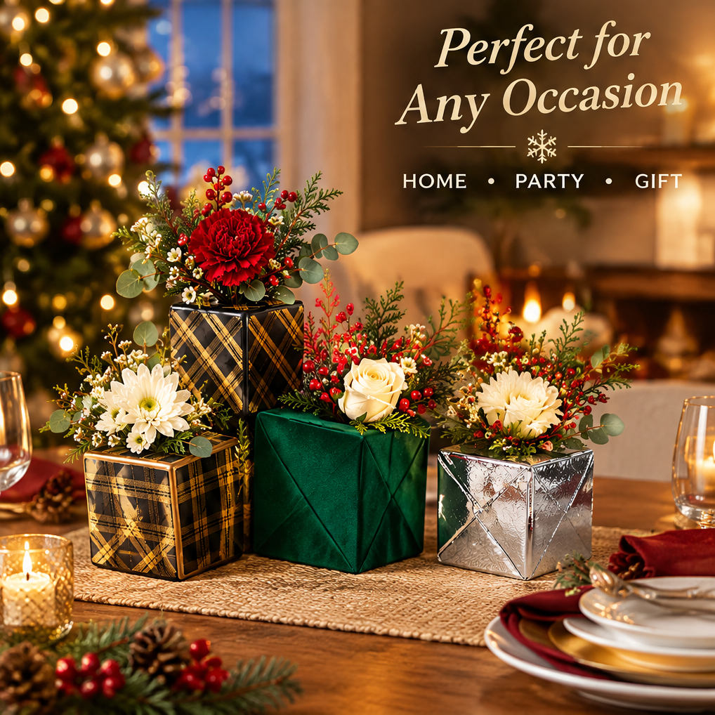 Perfect for Any Occasion — LUMIDED® Christmas gift box vases set of three in black tartan, green velvet and silver foil on Christmas dinner table with candles, red napkins and Christmas tree, ideal for home, party and gift