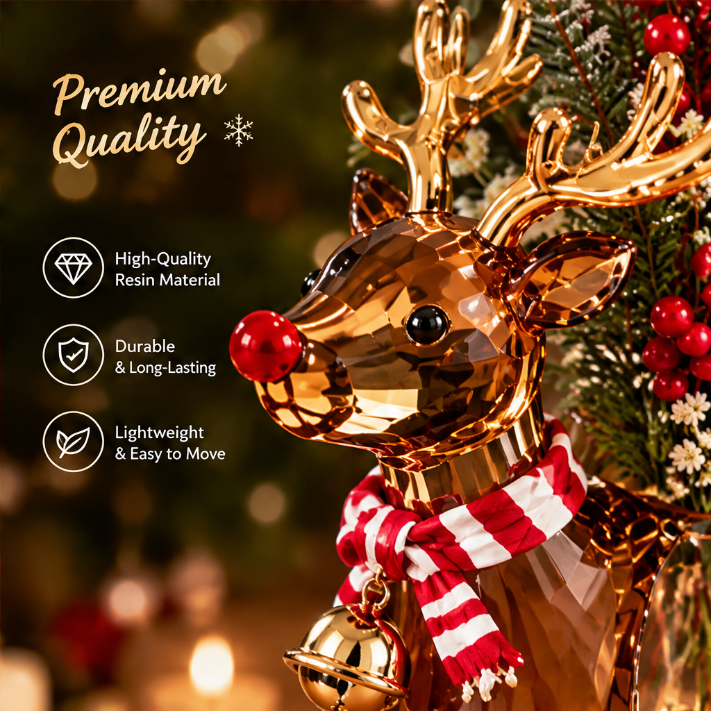 Premium Quality — LUMIDED® reindeer vase close-up of high-quality resin faceted deer head with red nose, gold antlers, red and white scarf and jingle bell detail, durable long-lasting and lightweight