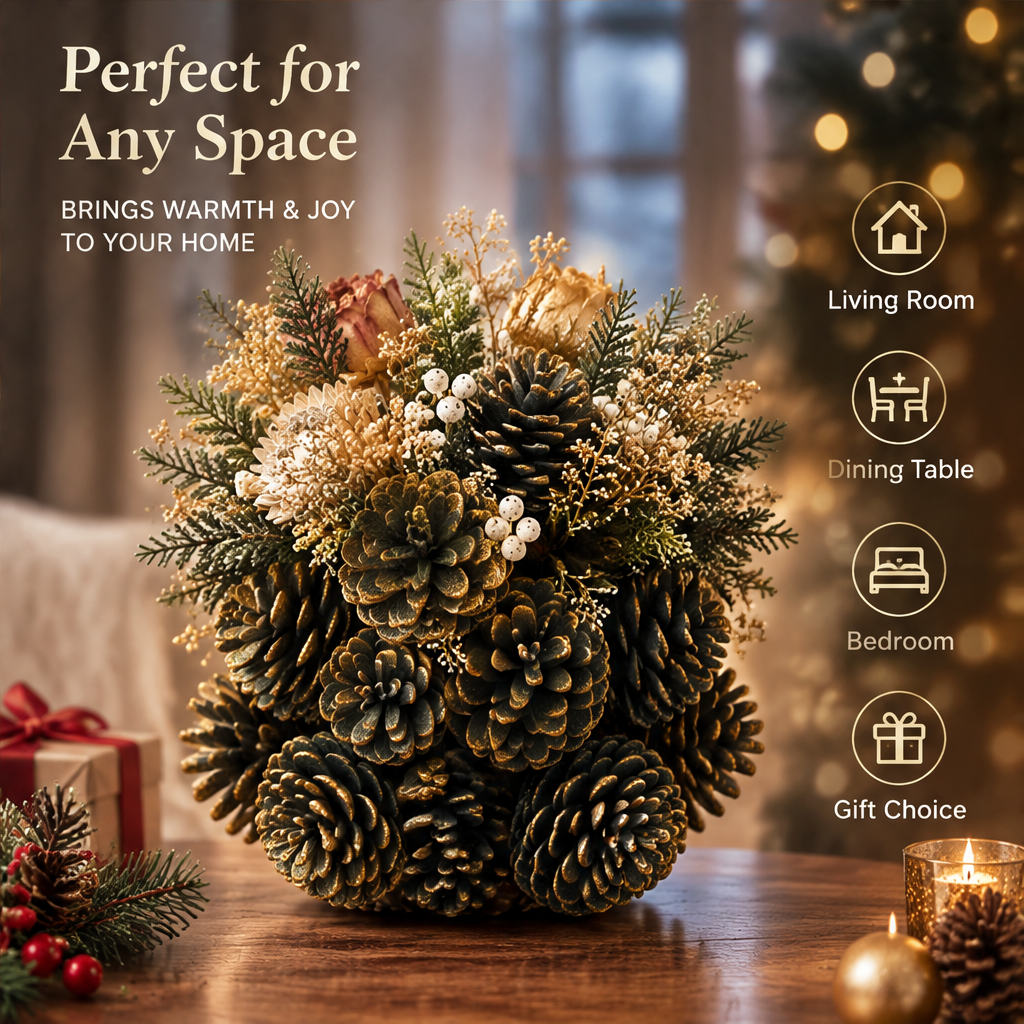Perfect for Any Space — LUMIDED® pine cone ball centerpiece beside gift boxes and candle, brings warmth and joy to living room, dining table, bedroom and as a gift choice