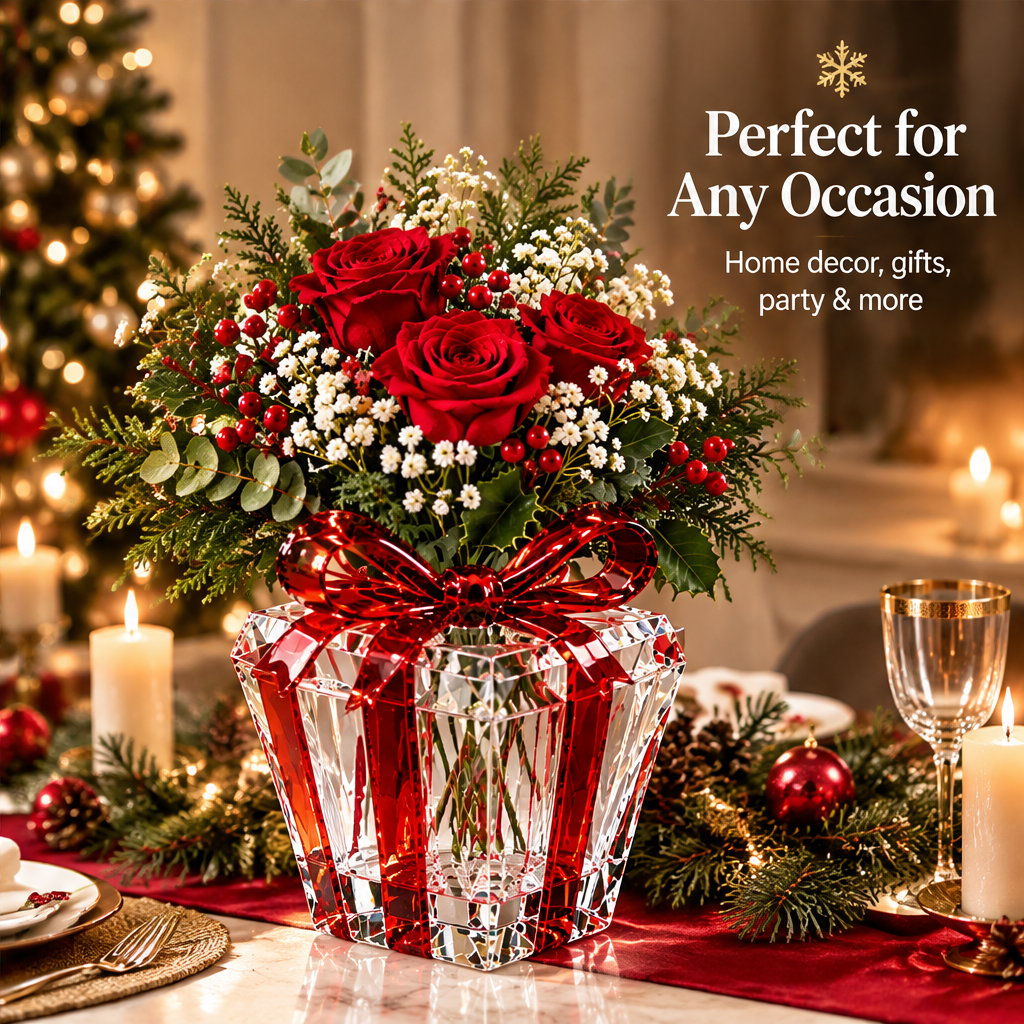 Perfect for Any Occasion — LUMIDED® crystal gift box vase on Christmas dinner table with red roses, white blooms and pine arrangement, surrounded by candles, tableware and Christmas tree, ideal for home decor, gifts, party and more