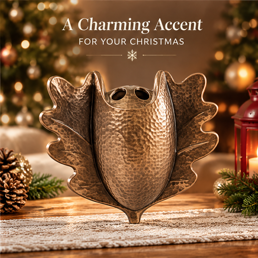 A Charming Accent — LUMIDED® acorn oak leaf vase empty product view showing antique bronze hammered texture, oak leaf side wings and dual stem opening design, a charming accent for your Christmas