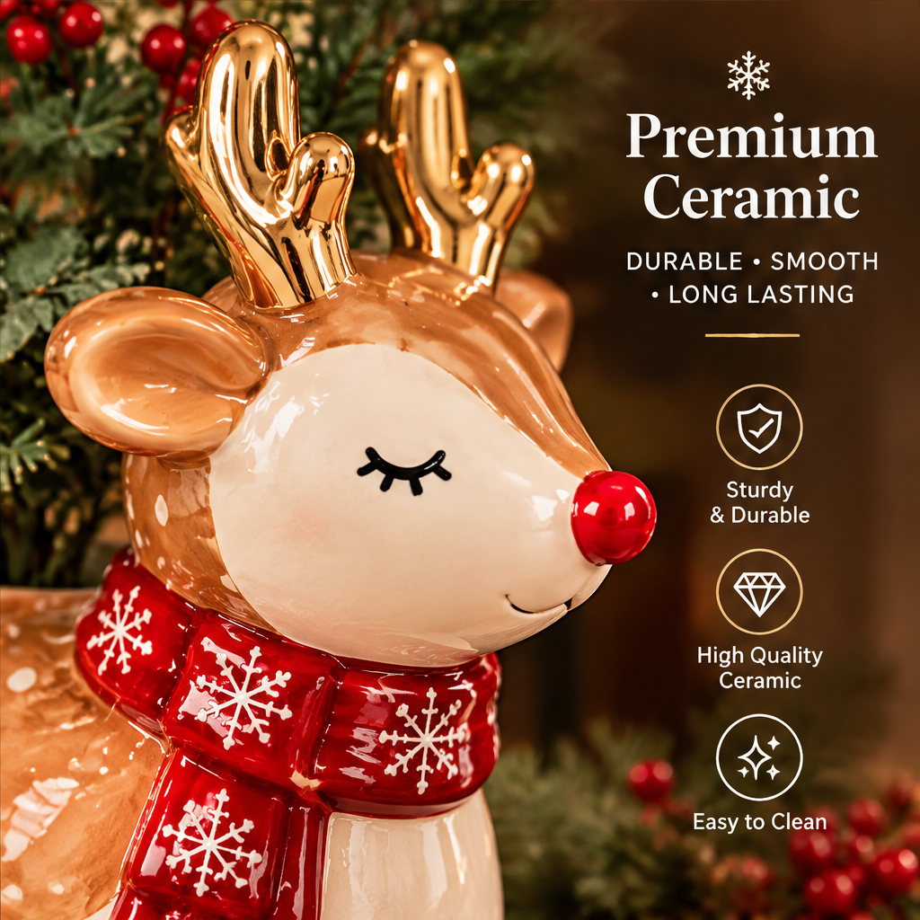 Premium Ceramic — LUMIDED® baby reindeer ceramic vase close-up showing gold antlers, closed eye expression, red nose, red snowflake scarf detail, durable smooth long-lasting high quality ceramic, easy to clean