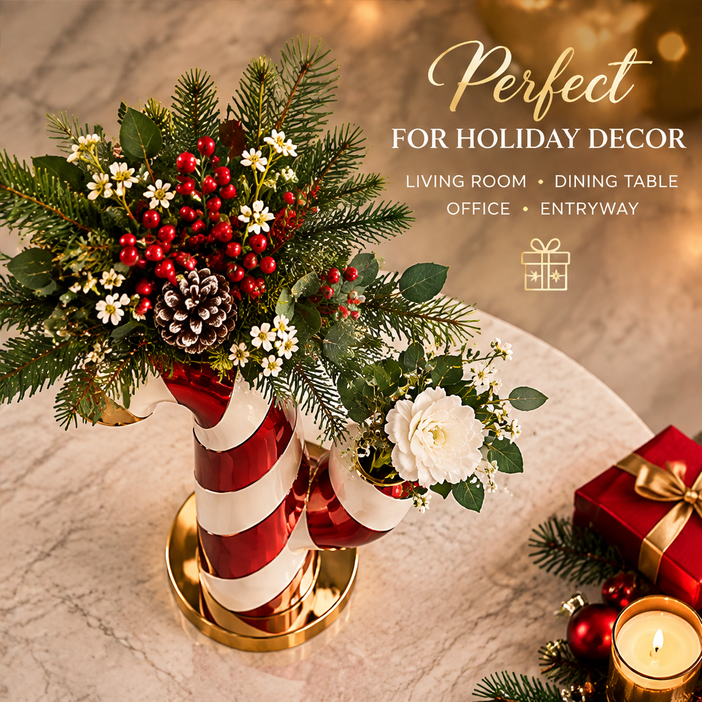 Unique Design — LUMIDED® candy cane vase with full floral arrangement by fireplace, a statement piece for every space