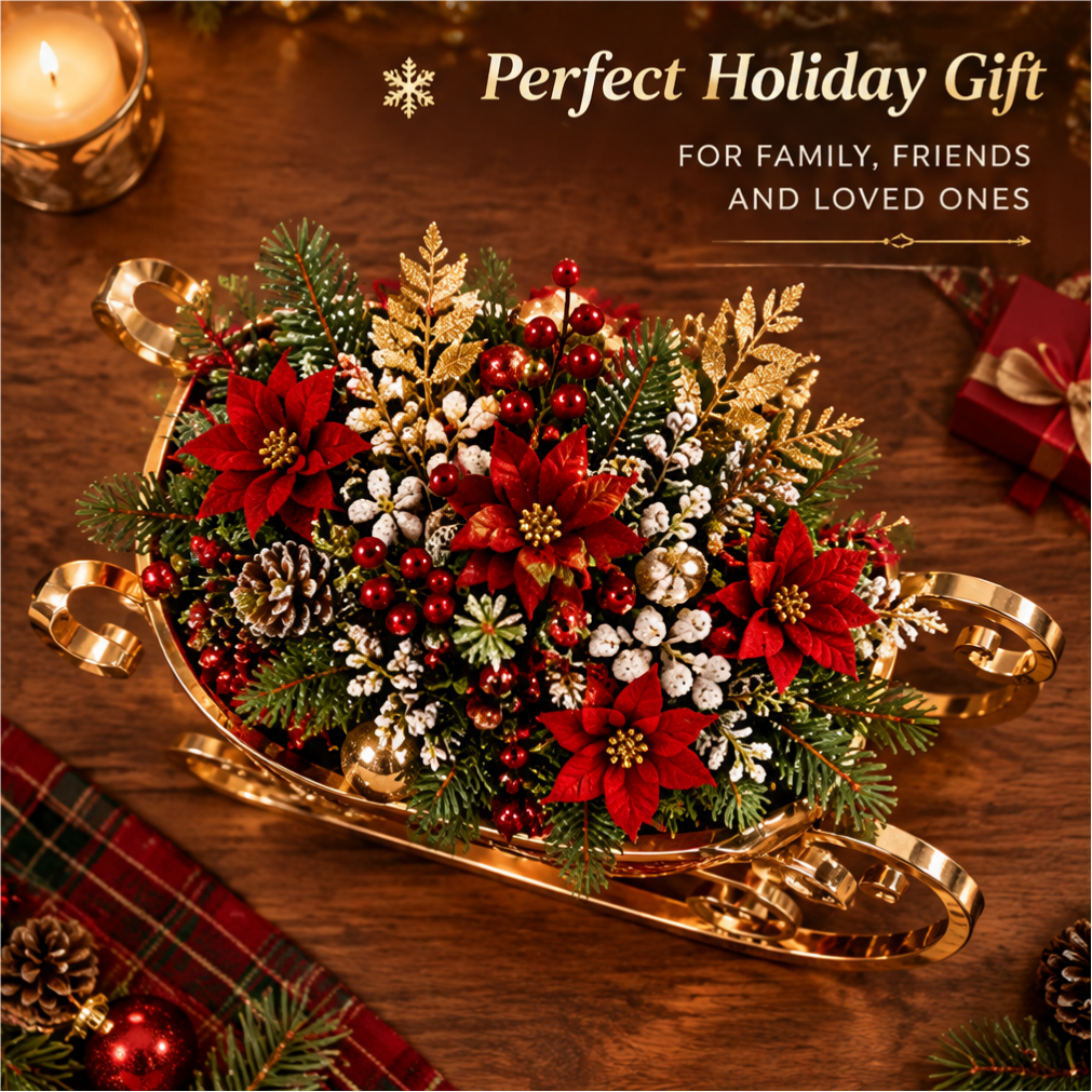 Perfect Holiday Gift — LUMIDED® sleigh planter overhead view overflowing with red poinsettias, frosted pine cones, red berries and gold-tipped greenery, perfect for family friends and loved ones