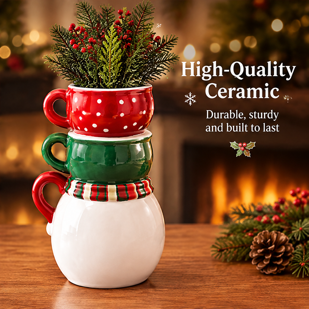 High-Quality Ceramic — LUMIDED® snowman stacked mugs ceramic vase side view showing red polka dot top mug with pine and berries, green snowflake middle mug and white snowman body base with tartan scarf, fireplace background, durable sturdy and built to last