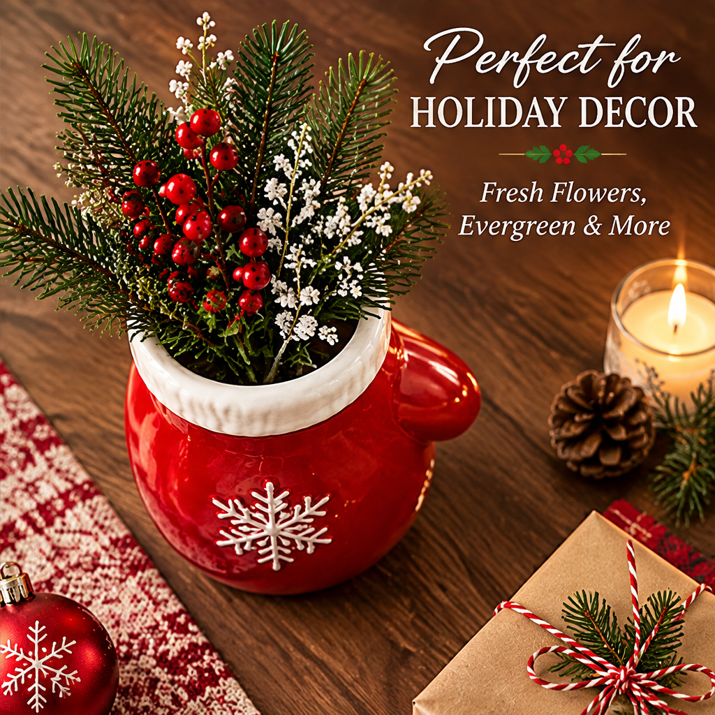 Perfect for Holiday Decor — LUMIDED® Christmas mitten ceramic vase overhead angle showing white ribbed cuff opening filled with red berries, pine sprigs and white wax flowers, perfect for fresh flowers, evergreen and more, table runner and candle background