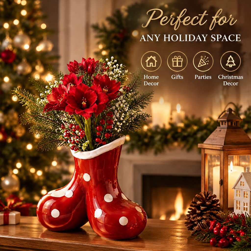 Perfect for Any Holiday Space — LUMIDED® double santa boots ceramic vase on mantel with fireplace, Christmas tree and lantern, filled with red amaryllis and festive greenery, perfect for home decor, gifts, parties and christmas decor