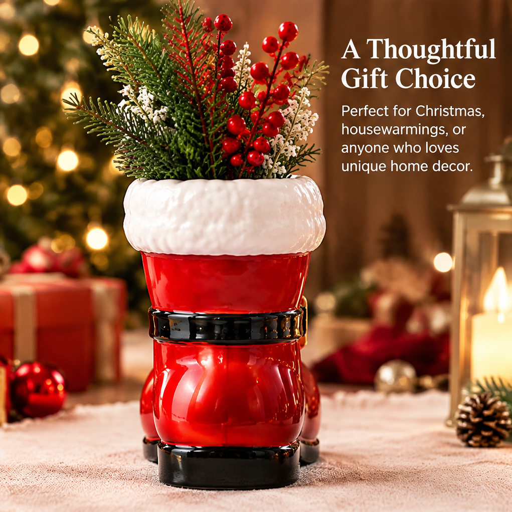 A Thoughtful Gift Choice — LUMIDED® Santa boot ceramic vase front view with red berries and pine arrangement, perfect for Christmas, housewarmings, or anyone who loves unique home decor
