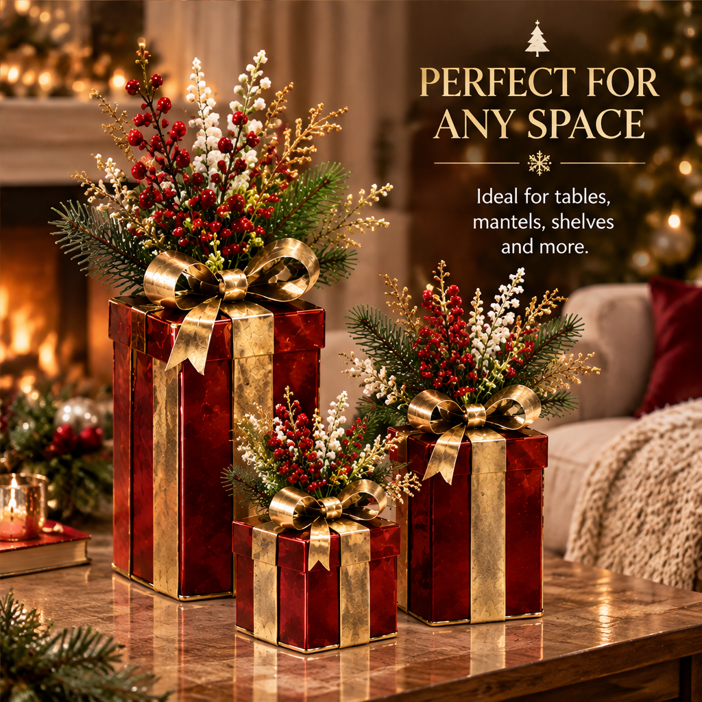 Christmas Elegance — LUMIDED® single red and gold gift box planter with gold bow and festive botanical arrangement, a festive touch for your home
